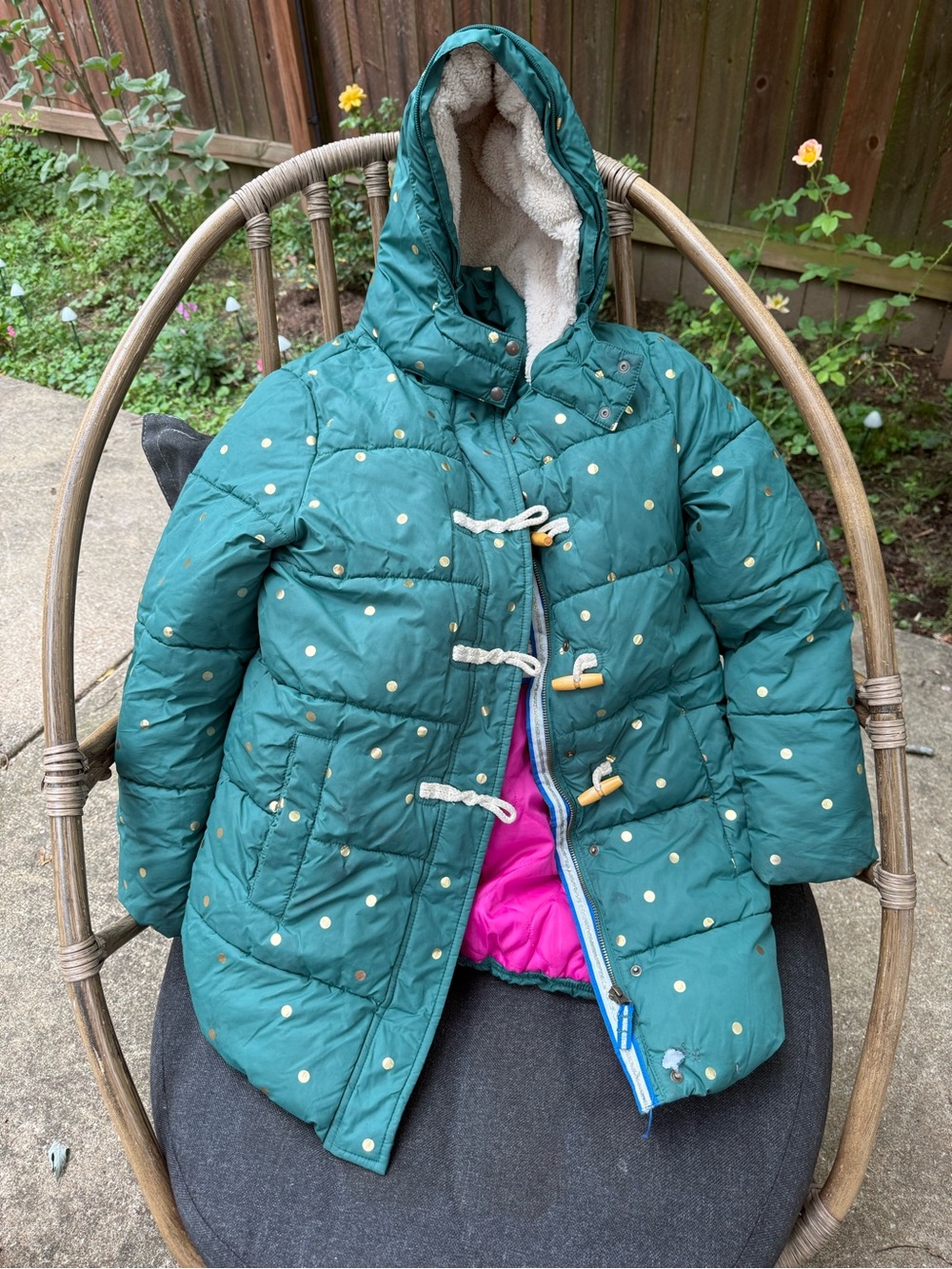 Mini Boden Teal Green Polka Dot Puffer Jacket with Pink Lining
